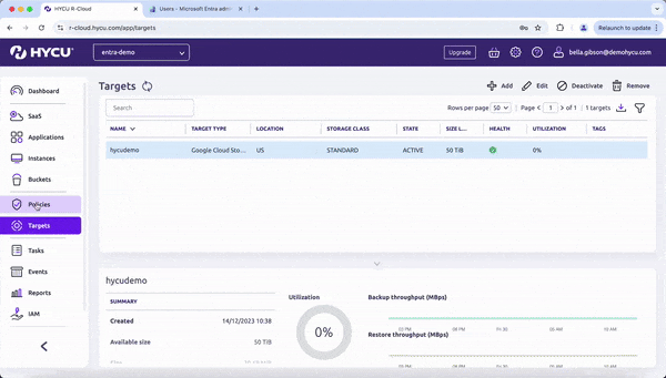 HYCU R-Cloud Policies screen listing built-in backup policies such as bronze, silver, gold, and platinum with their backup frequency and retention