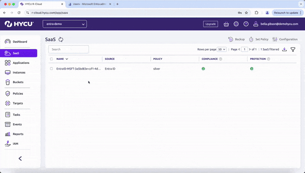 HYCU R-Cloud SaaS screen with a Microsoft Entra ID tenant selected and the Set Policy dialog open to assign a backup policy