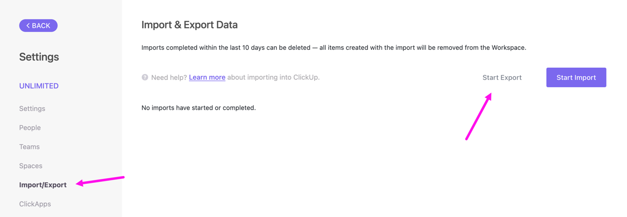 Screenshot showing where to click on the Exports page to export your Workspace data.
