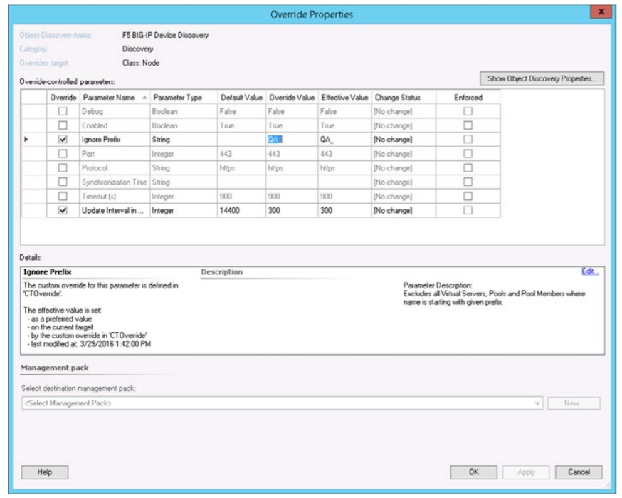 Example of an overriding screen in the HYCU SCOM Management Pack for F5 BIG-IP