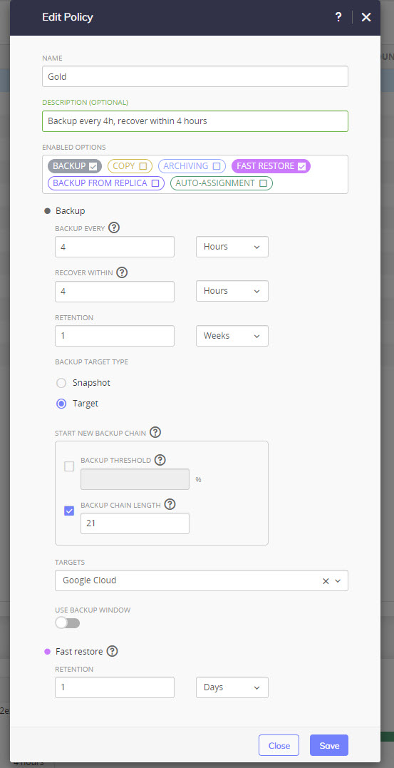 Policy driven fast restore for all assets (VMs, VDisks, folders and more) through the latest version of HYCU Protégé 