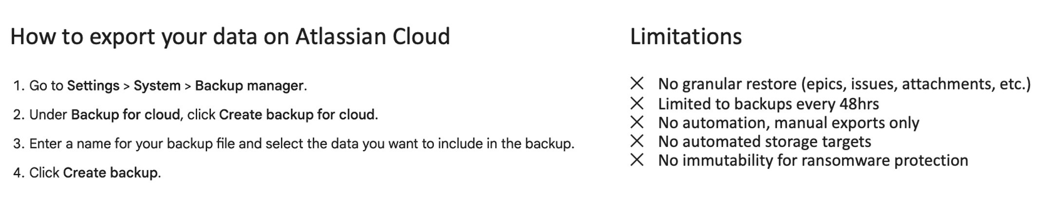 Explanation of how to export your data on Atlassian Cloud and what the limitations are.