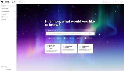 Screenshot of the HYCU aiR product home page showing a natural language search bar, connected workload icons including Confluence, GitHub, Okta, Entra ID, Salesforce, and Microsoft 365, and three investigation template cards.