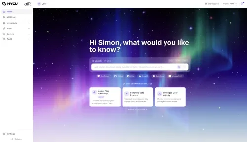 Screenshot of the HYCU aiR product home page showing a natural language search bar, connected workload icons including Confluence, GitHub, Okta, Entra ID, Salesforce, and Microsoft 365, and three investigation template cards.