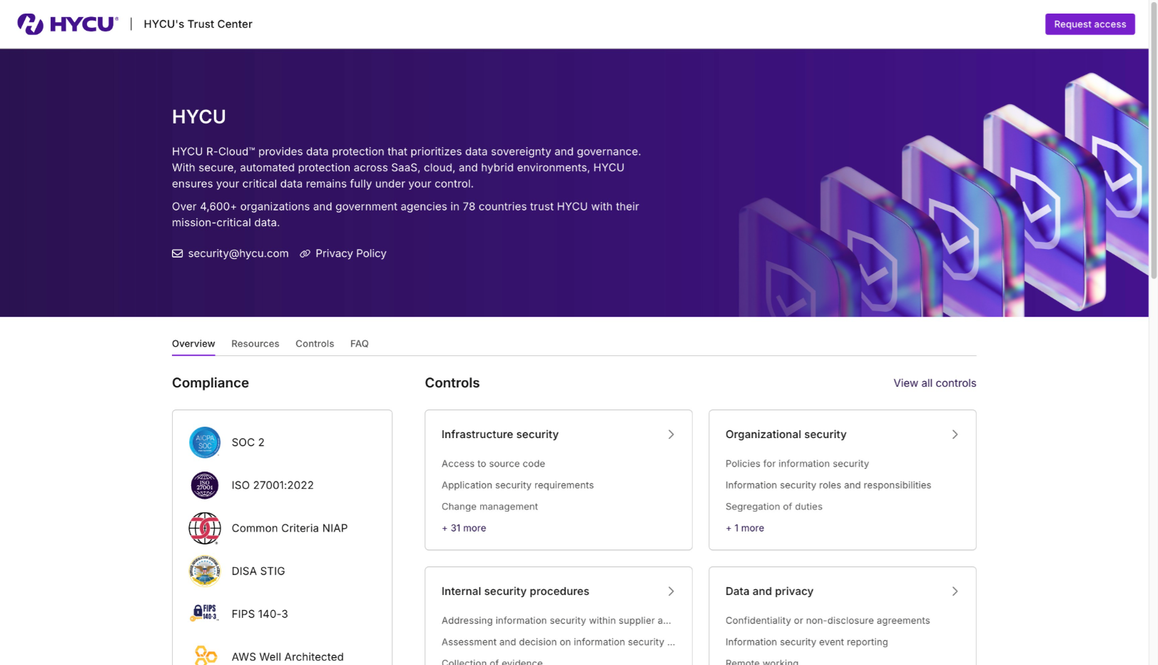 HYCU’s new Trust Center gives security and compliance teams immediate access, validation, and automation to ensure HYCU meets their requirements and quickly enable IT teams to start protecting their mission critical workloads with HYCU. 